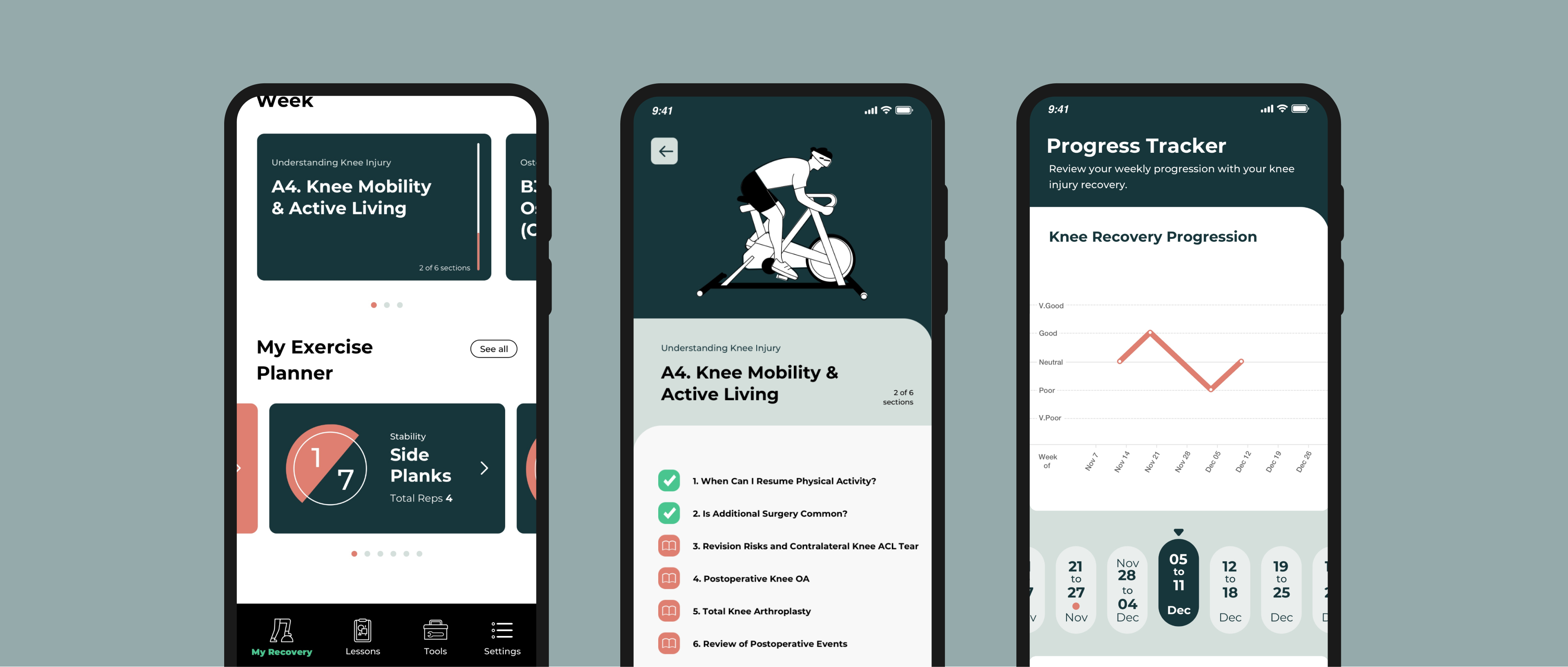 Three mobile devices showing the gamified quiz-based learning experience and exercise planner, as well as recovery progress tracker.